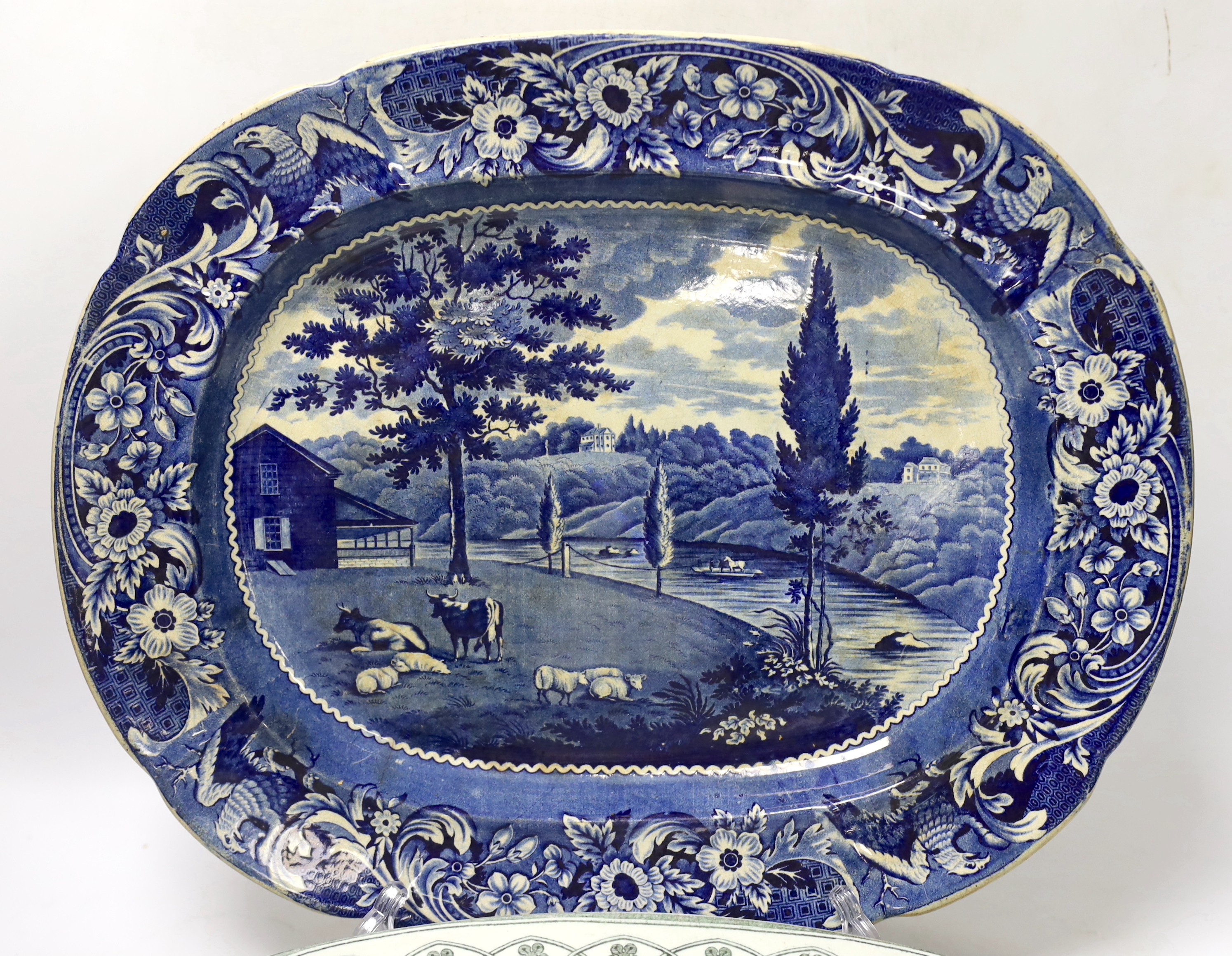 A Davenport meat dish, another and two jugs, largest 53cm